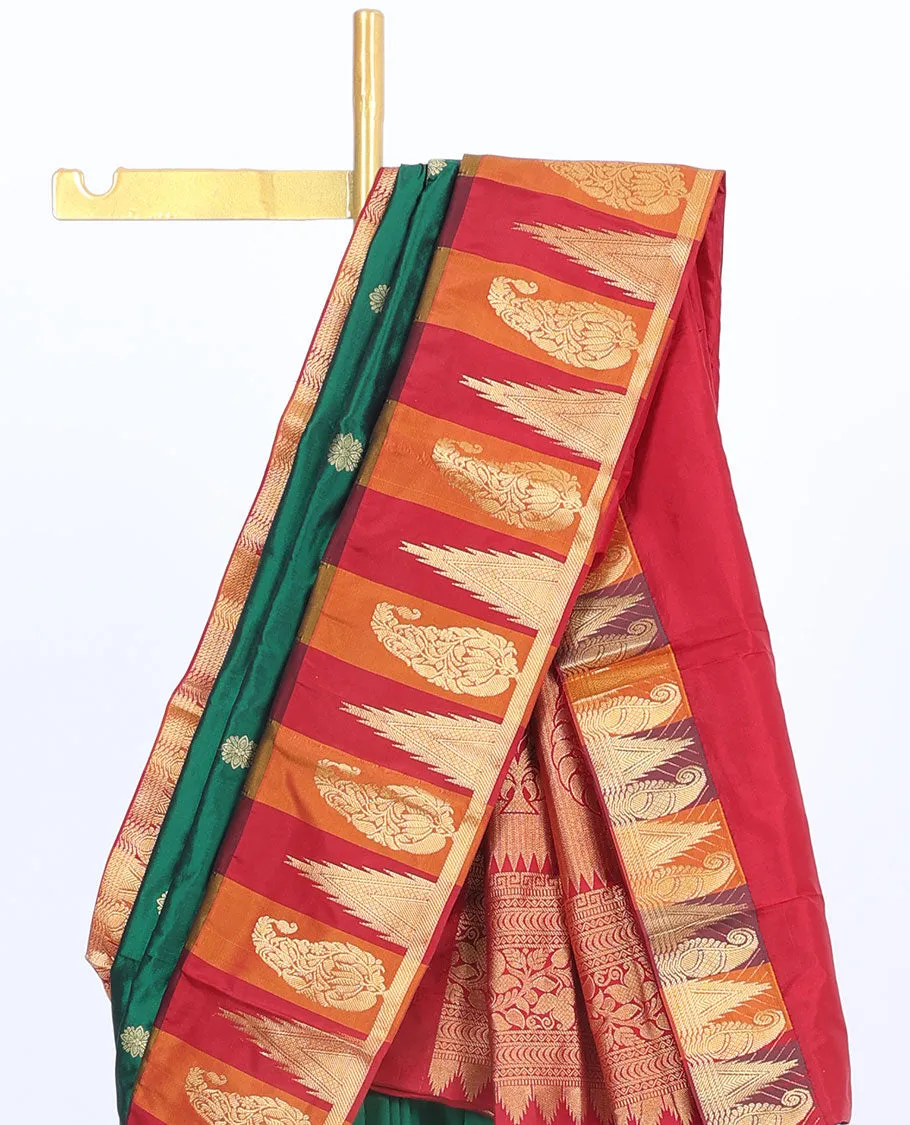 Green Bangalore silk saree with buttas, contrast vidarbha border of unique designs & pallu of intricate designs