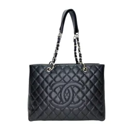 GST Black Tote Bag in Caviar Leather, Silver hardware