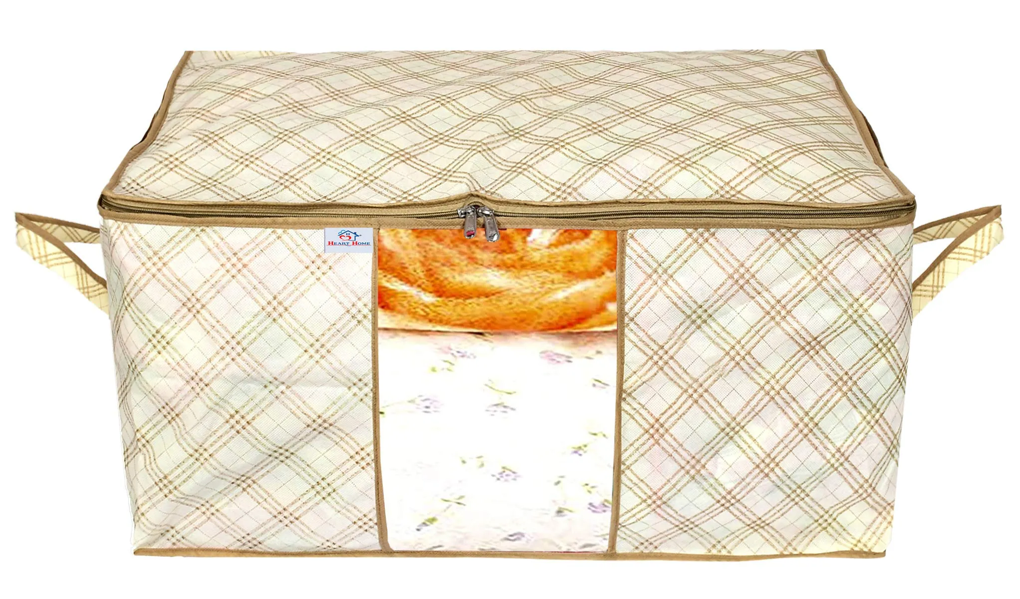 Heart Home Metalic Checkered Print Non Woven Underbed Storage Bag,Cloth Organiser,Blanket Cover with Transparent Window (Ivory)-HHEART16581