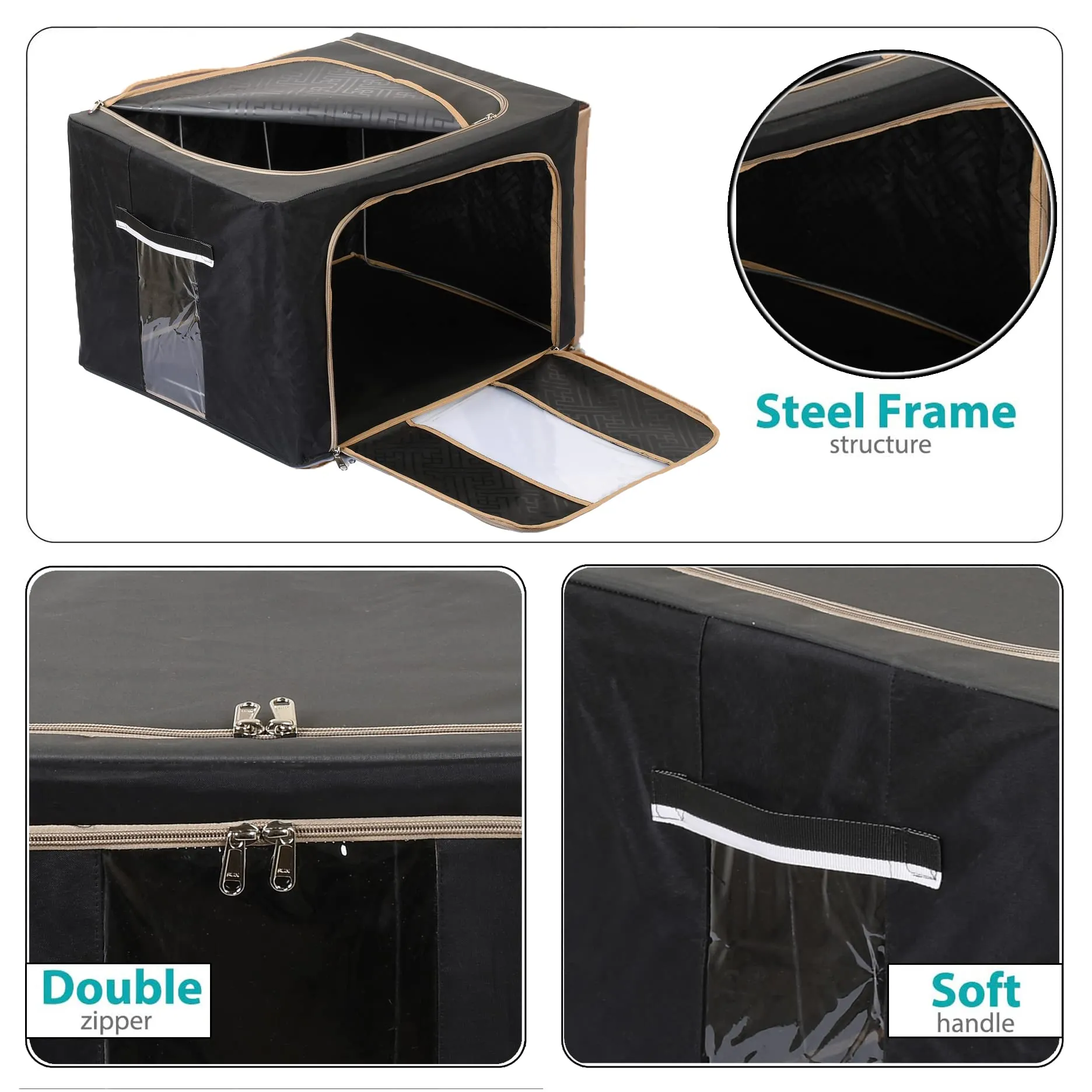 Heart Home Steel Frame Living Box|Clothes Storage Bag|Blanket Cover|Cloth Storage Box|Clear Window (Black & Grey)