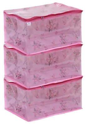 Heart Home Transparent Net Storage Organizer Wardrobe Organiser Regular Clothes Bag-Pack of 3 (Pink)