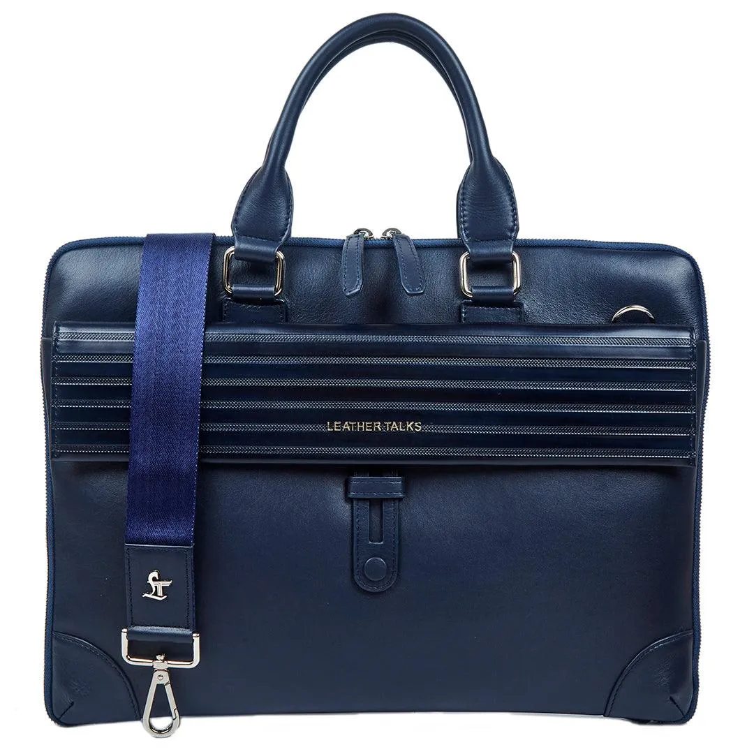 Italian VT Stripe Loop II | Genuine Leather Laptop Bag | Color: Blue, Brown & Grey