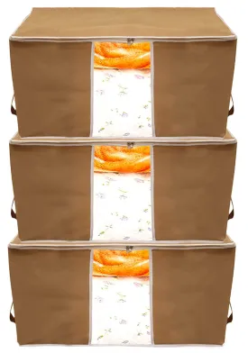 Kuber Industries Foldable Non Woven Clothes Storage Bag Wardrobe Organizer Underbed Bag With Tranasparent Window- Pack of 3 (Brown)-HS43KUBMART26715