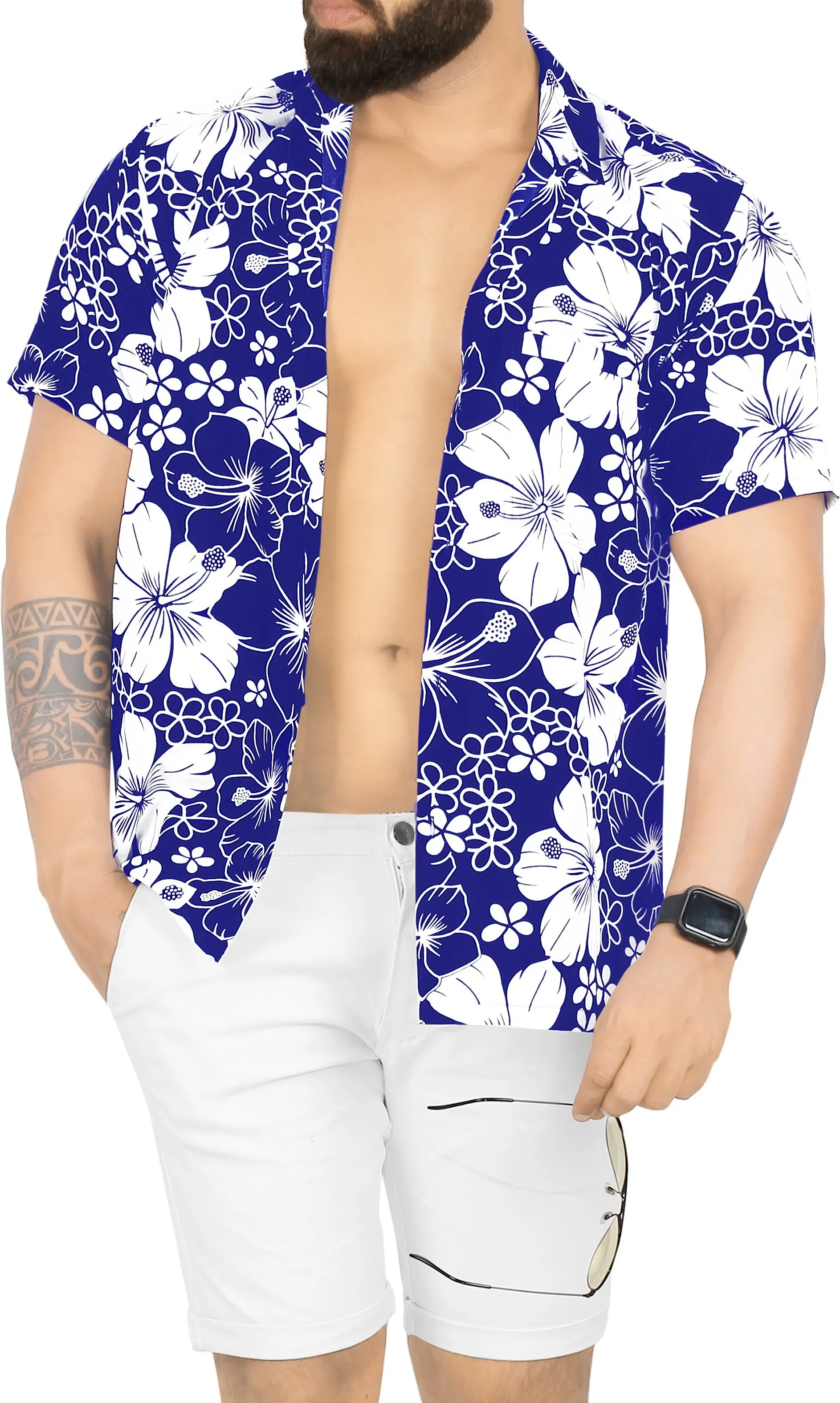 LA LEELA Mens Hawaiian Shirts Short Sleeve Button Down Shirt Floral Shirt Men Beach Casual Tropical Shirts for Men Funny Allover Hibiscus, Blue