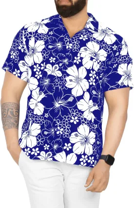 LA LEELA Mens Hawaiian Shirts Short Sleeve Button Down Shirt Floral Shirt Men Beach Casual Tropical Shirts for Men Funny Allover Hibiscus, Blue