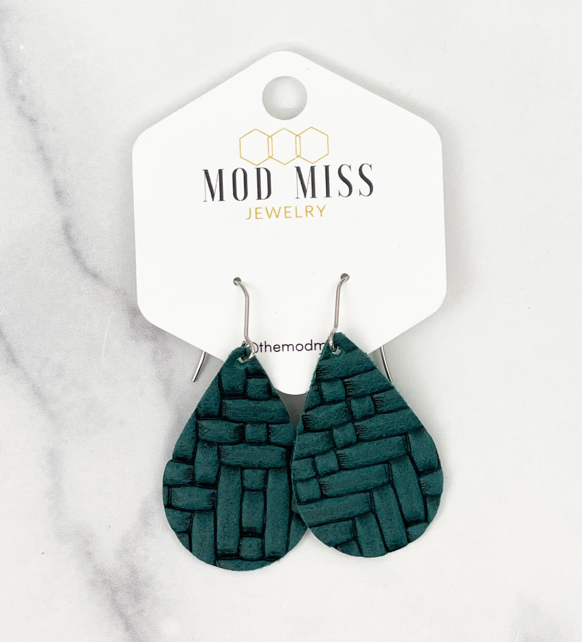 Leather Teardrop Earring "Basket Weave Dark Teal"