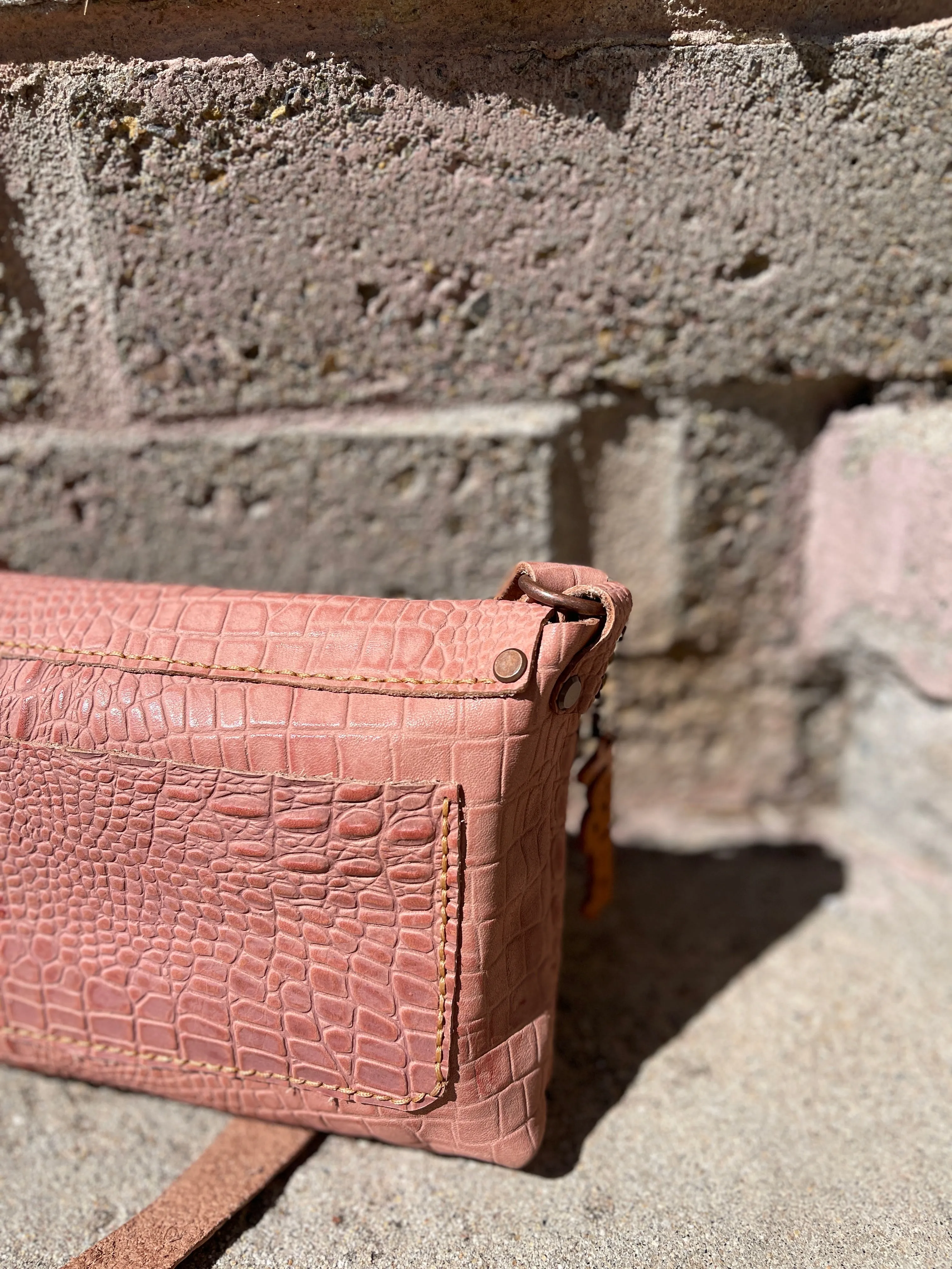 Mauve Pink Embossed Small Crossbody Messenger Bag