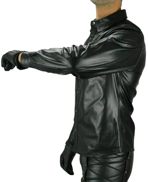 Men's Black Genuine Leather Long Sleeves Shirt