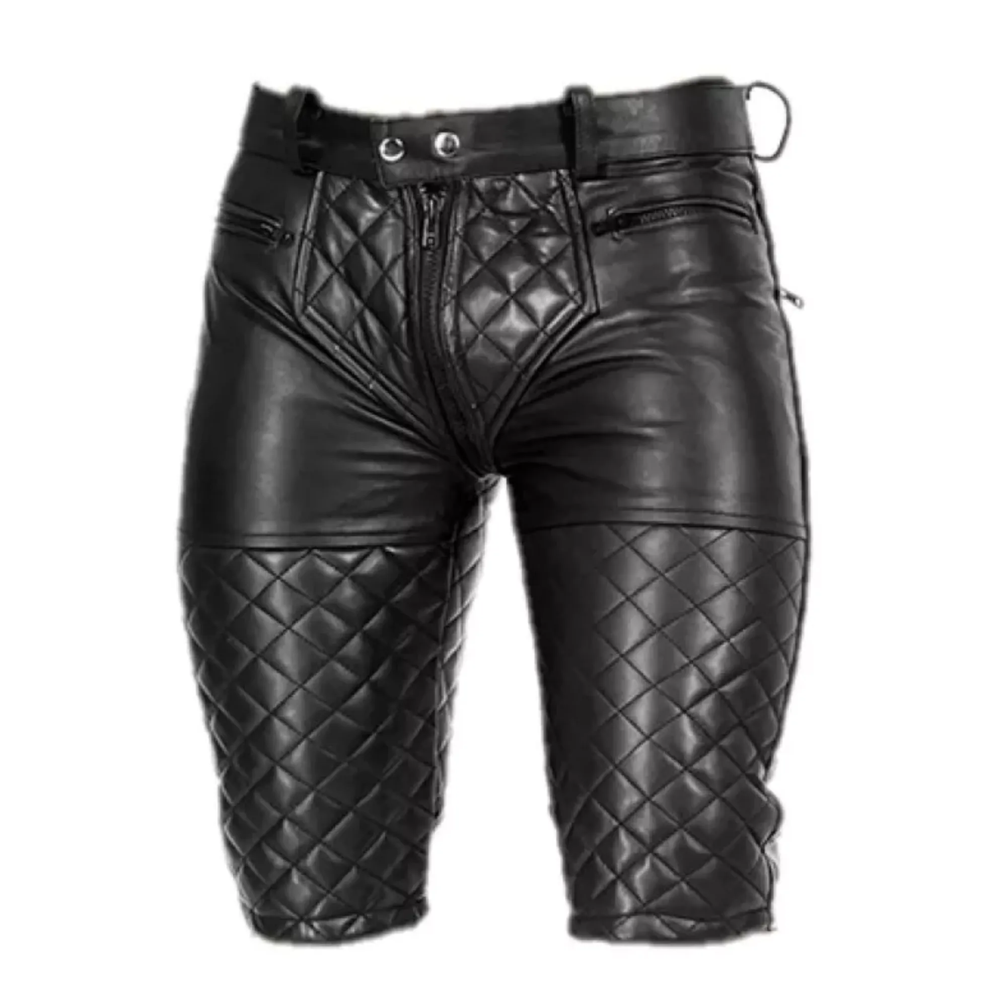 Mens Black Leather Shorts Quilted Design