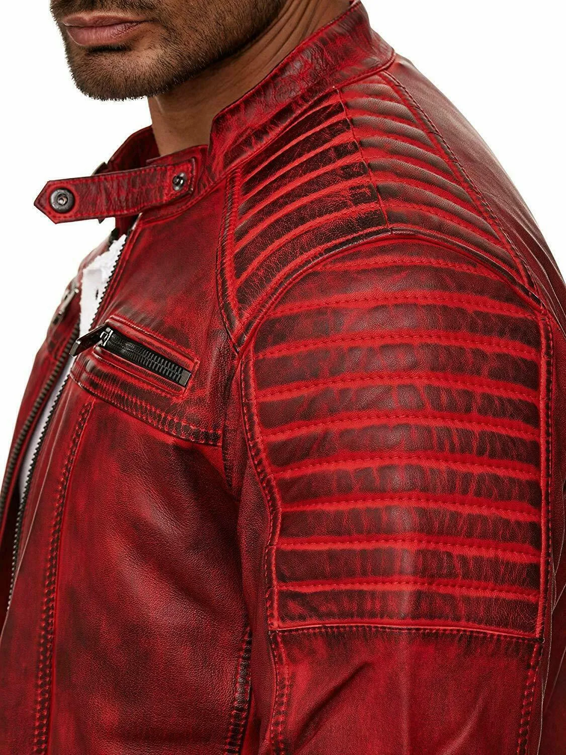 MENS VINTAGE RED GENUINE LEATHER JACKET SLIM FIT RETRO REAL BIKER NEW