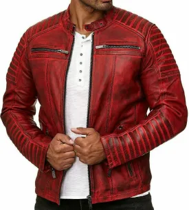 MENS VINTAGE RED GENUINE LEATHER JACKET SLIM FIT RETRO REAL BIKER NEW