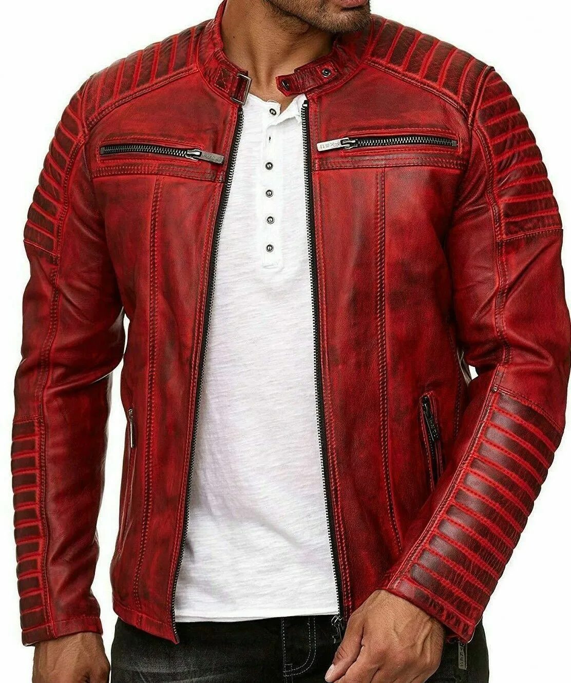 MENS VINTAGE RED GENUINE LEATHER JACKET SLIM FIT RETRO REAL BIKER NEW