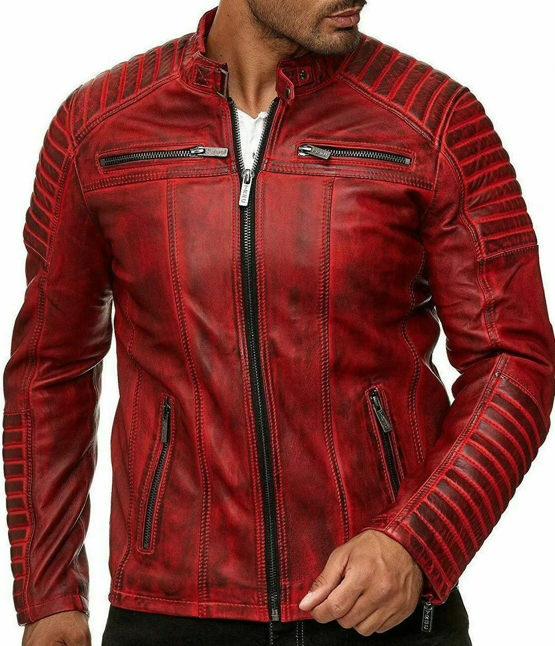 MENS VINTAGE RED GENUINE LEATHER JACKET SLIM FIT RETRO REAL BIKER NEW