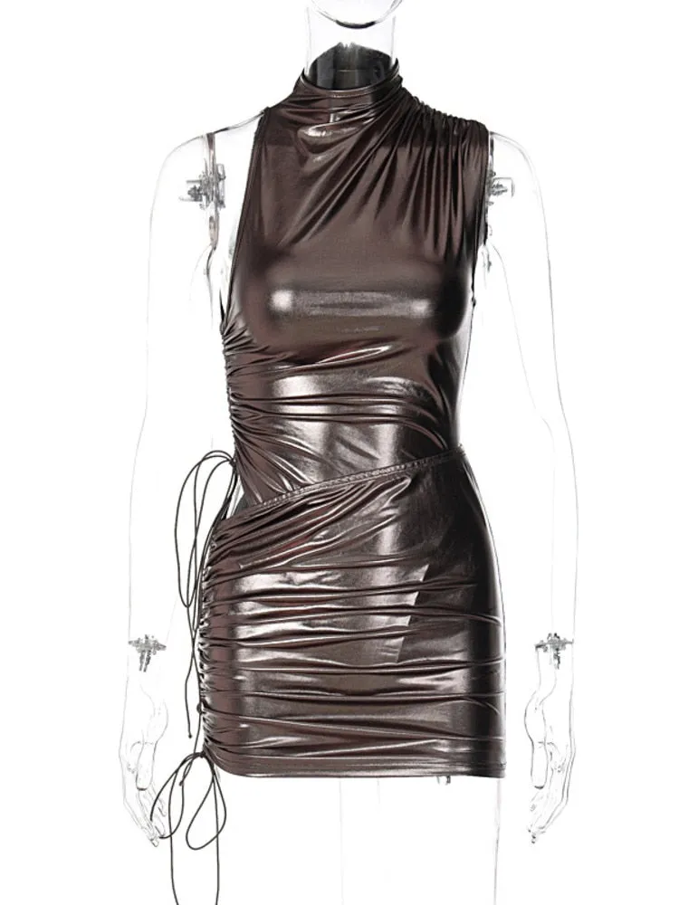 Metallic Asymmetric Ruched Bodysuit & Skirt 2 Piece Set