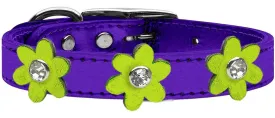 Metallic Flower Leather Collar Metallic Purple With Metallic Lime Green Flowers Size 16