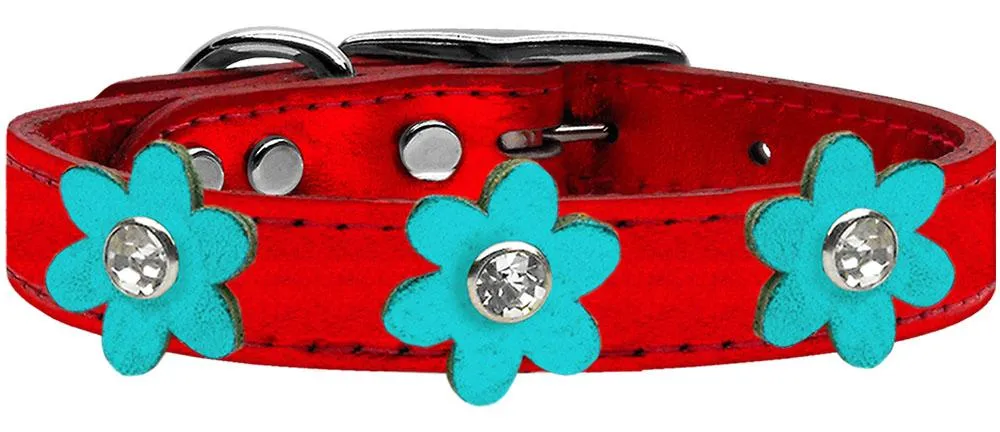 Metallic Flower Leather Collar Metallic Turquoise With Bronze Flowers Size 14