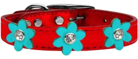 Metallic Flower Leather Collar Metallic Turquoise With Bronze Flowers Size 16