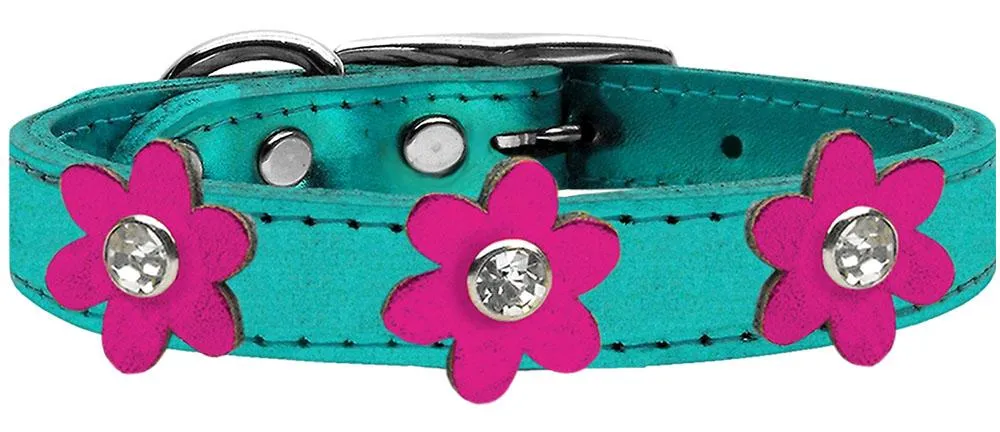 Metallic Flower Leather Collar Metallic Turquoise With Metallic Pink Flowers Size 24