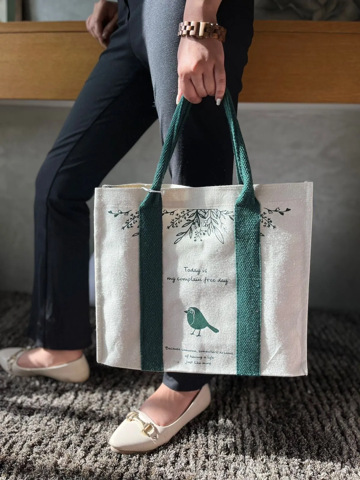 Mindful Canvas Tote Bag-Bird Print