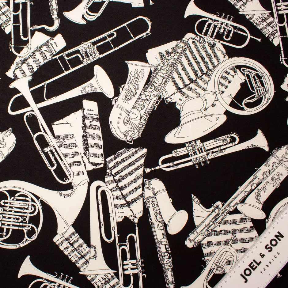 Monochrome Musical Instruments Printed Black Silk Twill