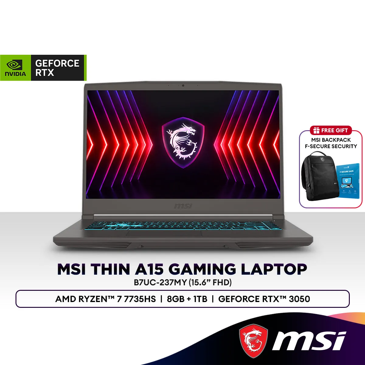 MSI Thin A15 B7UC-237MY 15.6" FHD 144Hz Gaming Laptop (AMD Ryzen 7 7735HS | 8GB | 1TB SSD | GeForce RTX™ 3050)