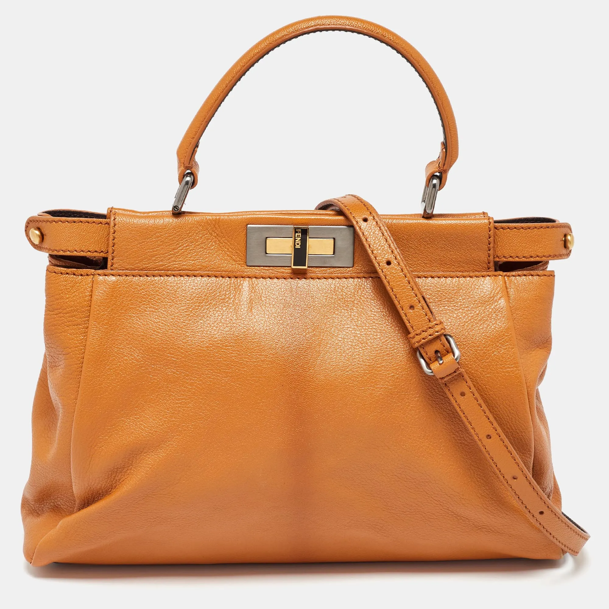 Mustard Leather Regular Peekaboo Top Handle Bag