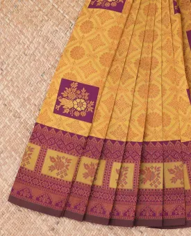 Mustard litchi saree with unique designs, contrast traditional design border & pallu of jaal designs