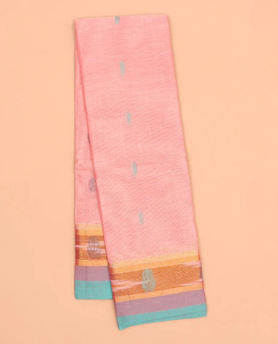 Pink kanchi cotton saree with buttas, contrast ikkat border of unique designs & pallu of paisley designs