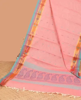 Pink kanchi cotton saree with buttas, contrast ikkat border of unique designs & pallu of paisley designs