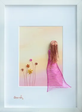 Pink Wireart Girl with Flowers