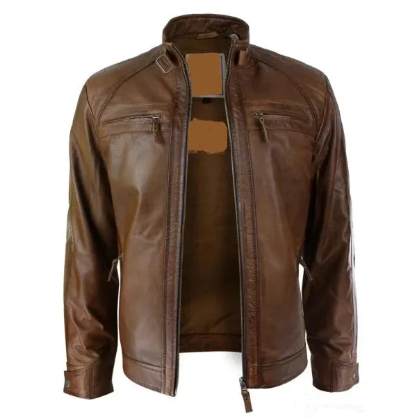 Soft Real Leather Men's Retro Style Zipped Biker Jacket