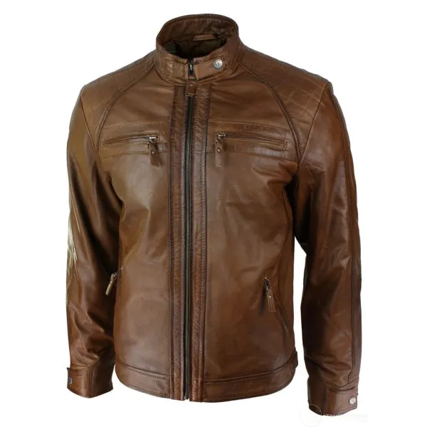 Soft Real Leather Men's Retro Style Zipped Biker Jacket