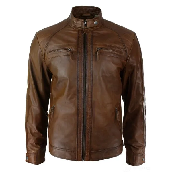 Soft Real Leather Men's Retro Style Zipped Biker Jacket