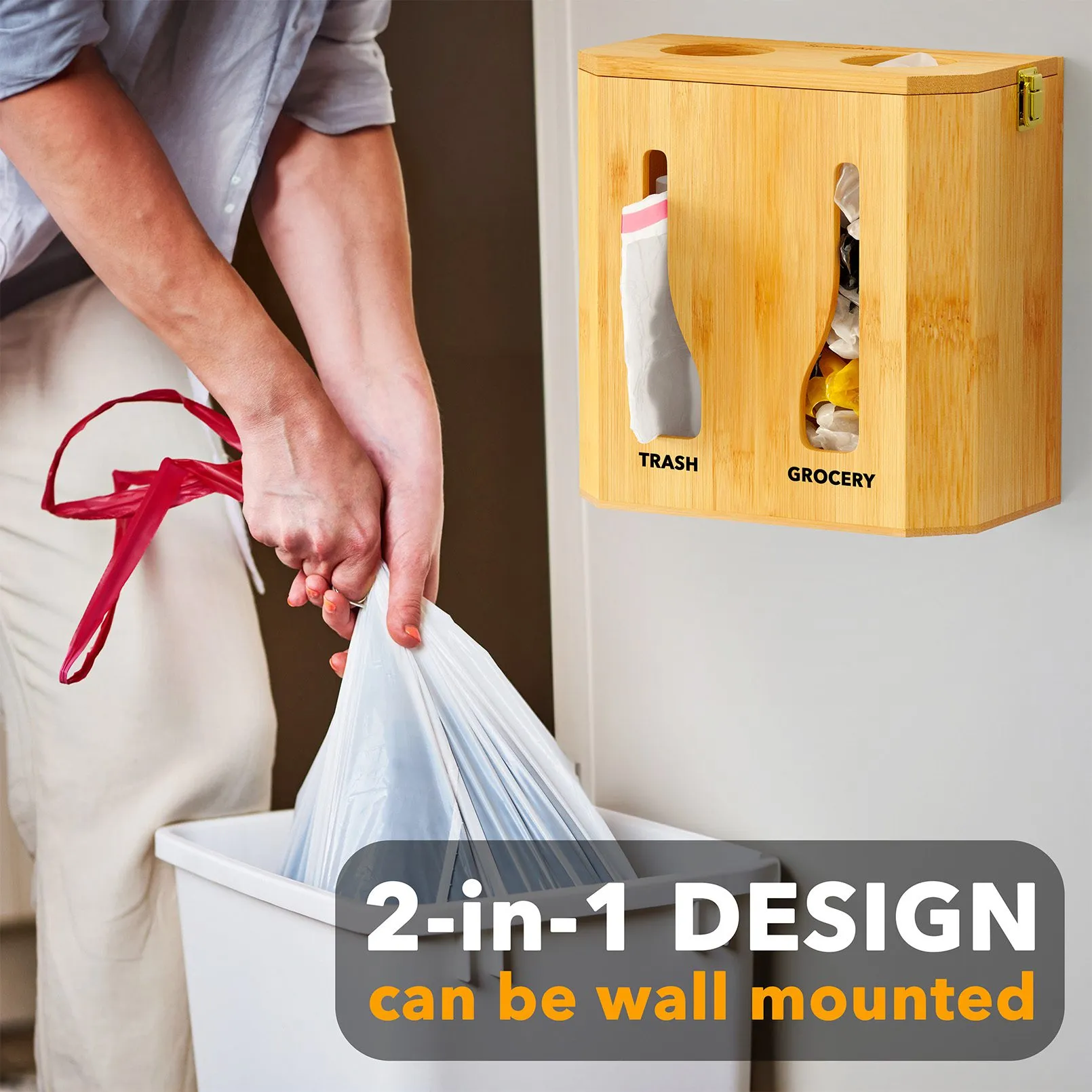 SpaceAid 2 in 1 Bamboo Trash Bag Dispenser & Grocery Bag Holder, Natural