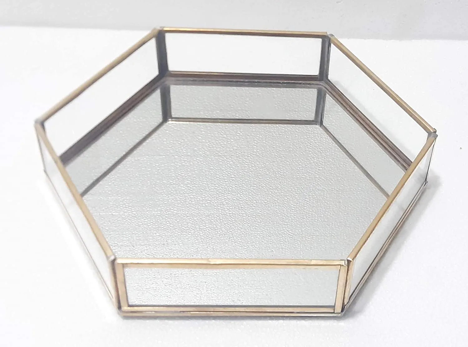 THE UNIQUE DESIGNS Unique Makeup Brush Holder, Handcrafted Clear Glass and Brass Metal Vintage Storage Jewelry and Cosmetic Makeup Brush Holder Organizer Box (Hexa Tray Large, Gold)