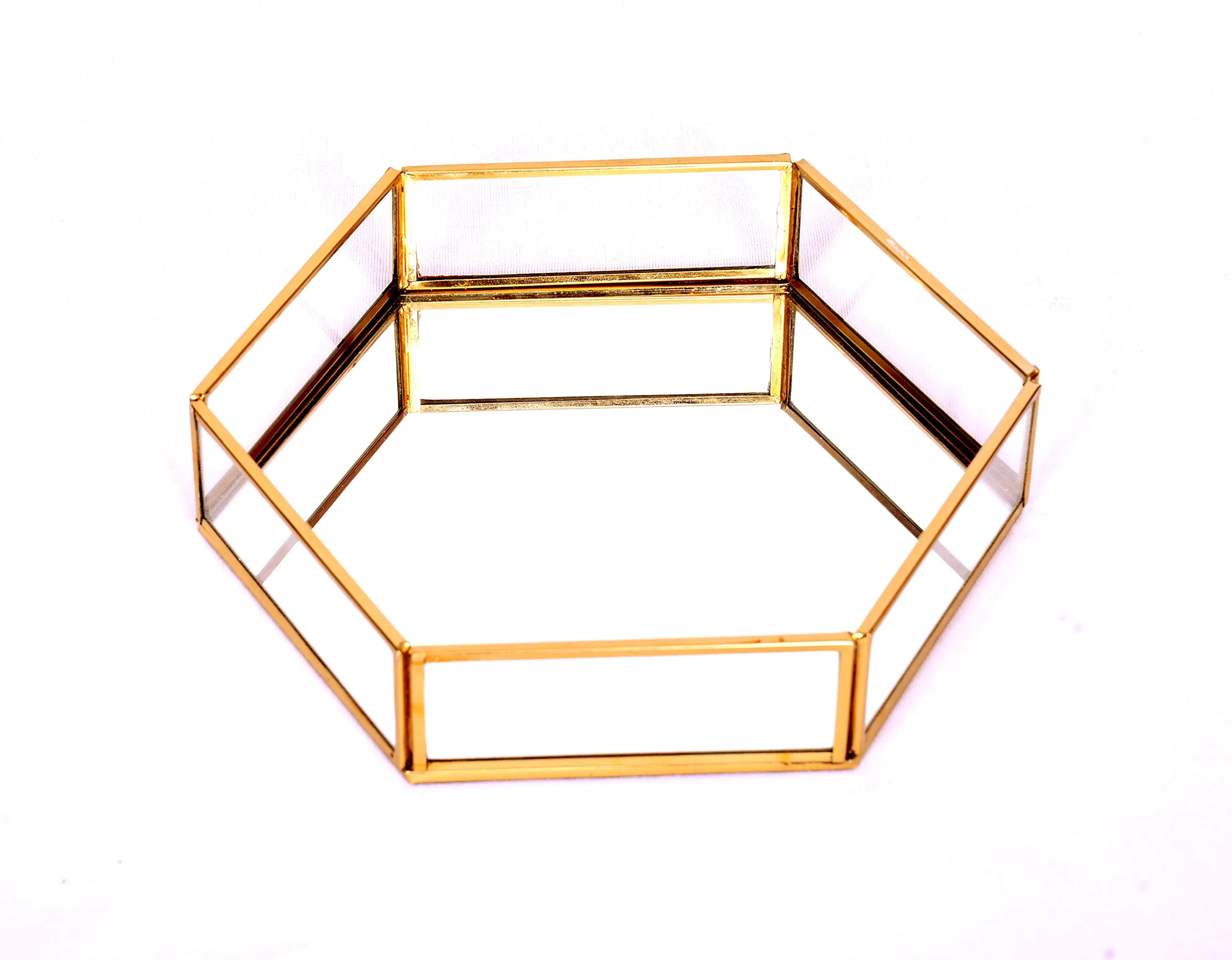 THE UNIQUE DESIGNS Unique Makeup Brush Holder, Handcrafted Clear Glass and Brass Metal Vintage Storage Jewelry and Cosmetic Makeup Brush Holder Organizer Box (Hexa Tray Large, Gold)